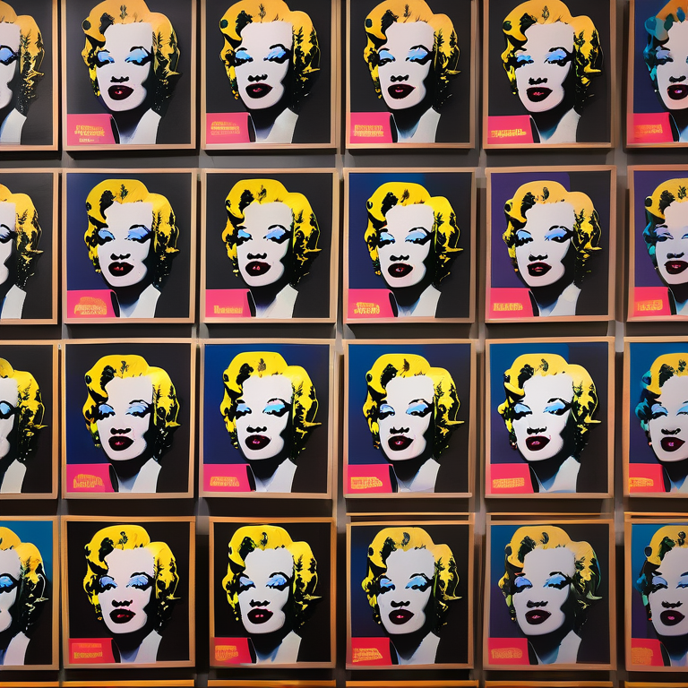 Grid of Warhol's Marilyn portraits with an auction gavel and paddle in the forefront, denoting artwork sale.